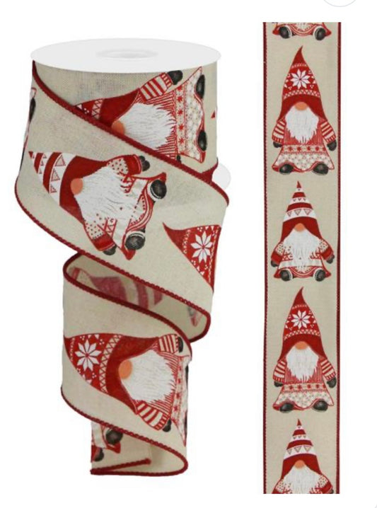 10 Yards - 2.5" Wired Cream Background Christmas Gnome Ribbon with Red Trim