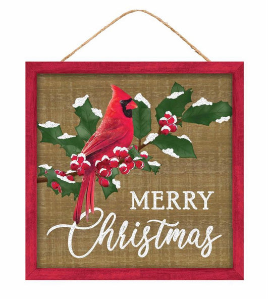 10” Square Merry Christmas Cardinal Wreath Sign with Glitter Accent