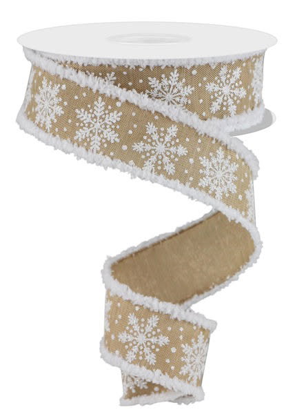 Wired Natural and White Winter Snowflake Ribbon with Snowdrift Edge- 1.5”x10 Yards