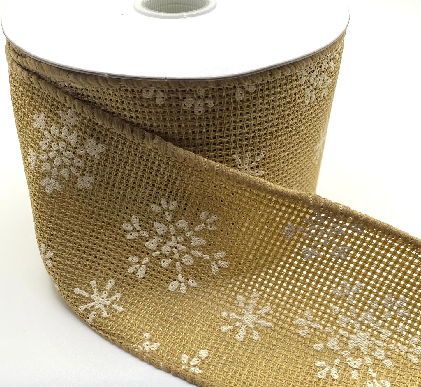 10 Yards - 2.5”Wired Natural and White Snowflake Ribbon