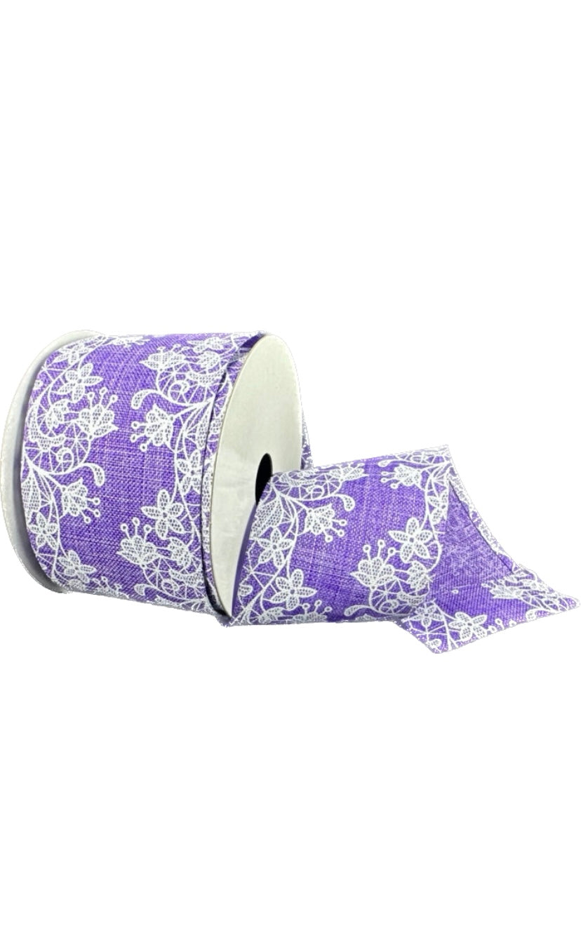 Wired Lavender White Floral Ribbon-2.5”x10 Yards