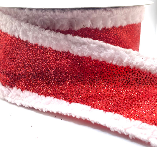 10 Yards - 2.5” Wired Metallic Red Glitter Cotton Trim Ribbon