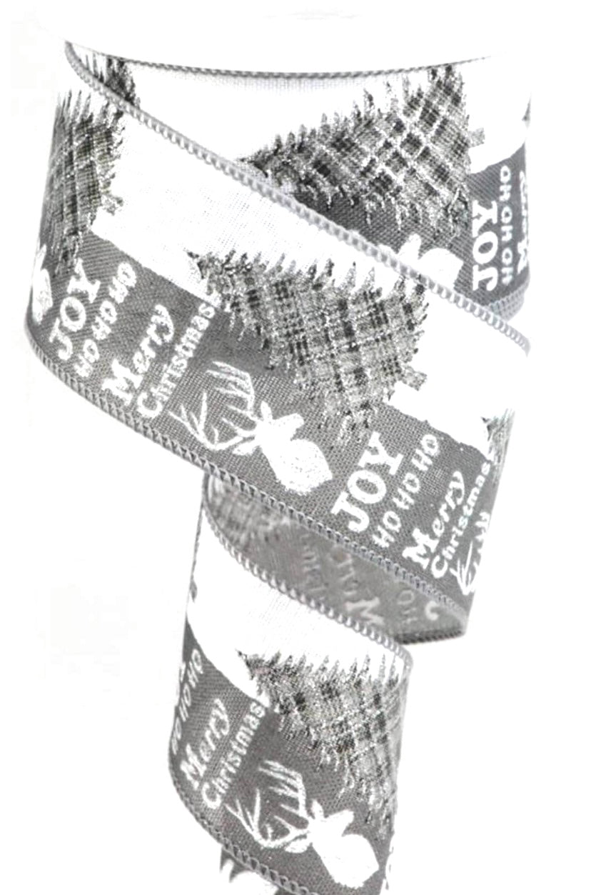 10 Yards - 2.5" Wired Gray and White Joy, Ho Ho Ho, Merry Christmas Ribbon