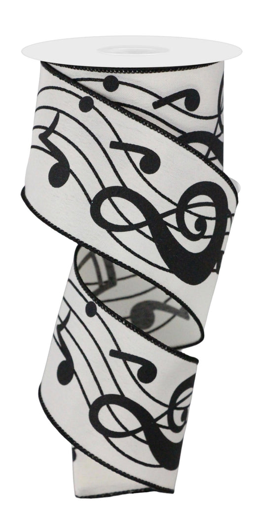 10 Yards - 2.5” Wired Black and Cream Music Note Ribbon