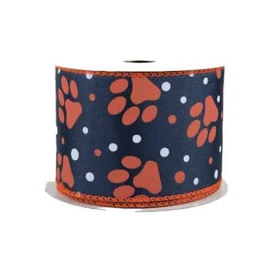 Wired Orange, Navy Blue, and White Paw Print Dog Ribbon-2.5”x10 Yards