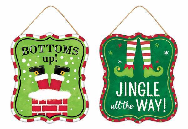 7”x6” Two-Piece Tin Bottoms Up and Jingle All The Way Embossed Wreath Signs