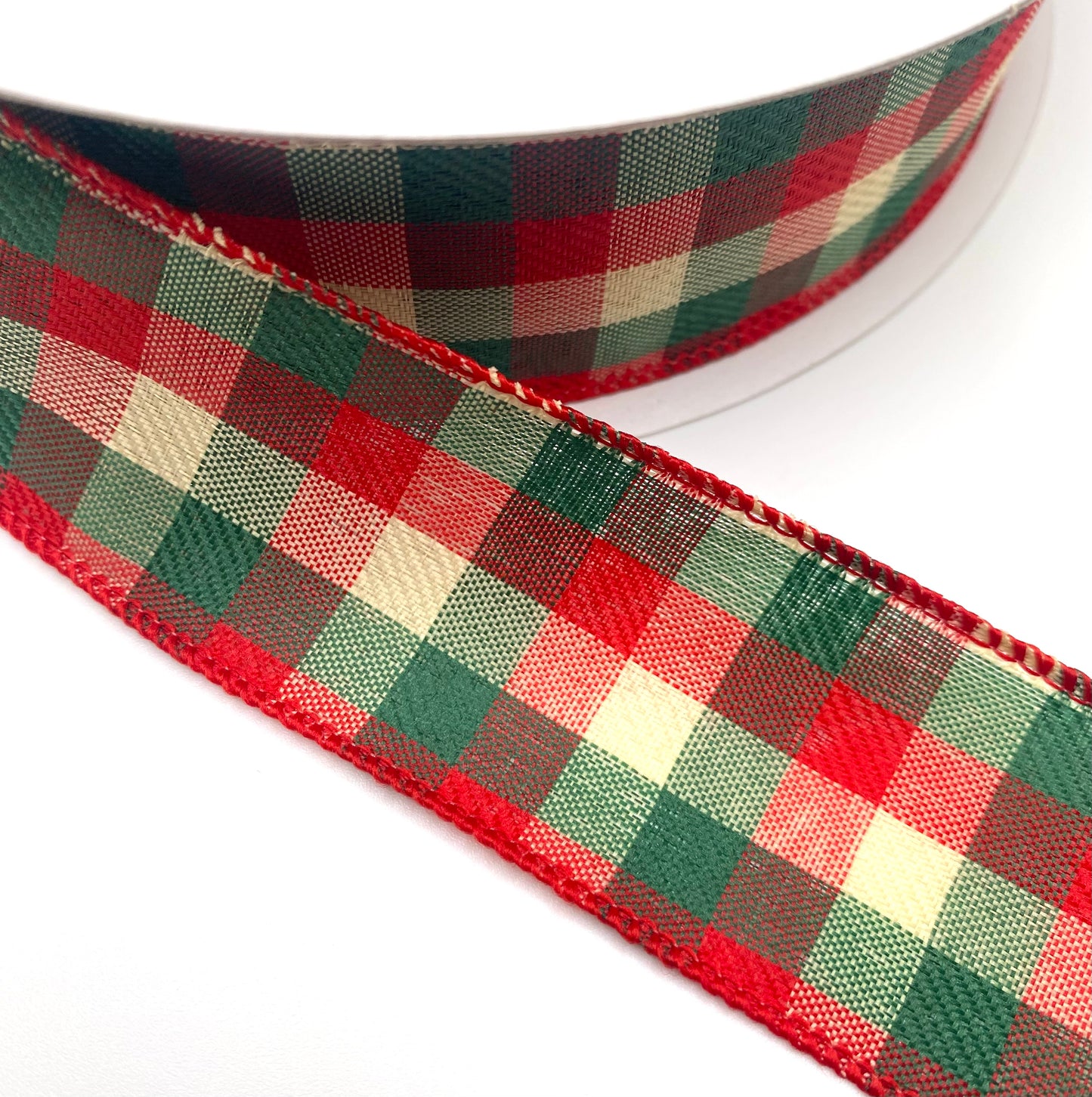 50 Yards - 1.5” Wired Red Green Cream Woven Check Ribbon