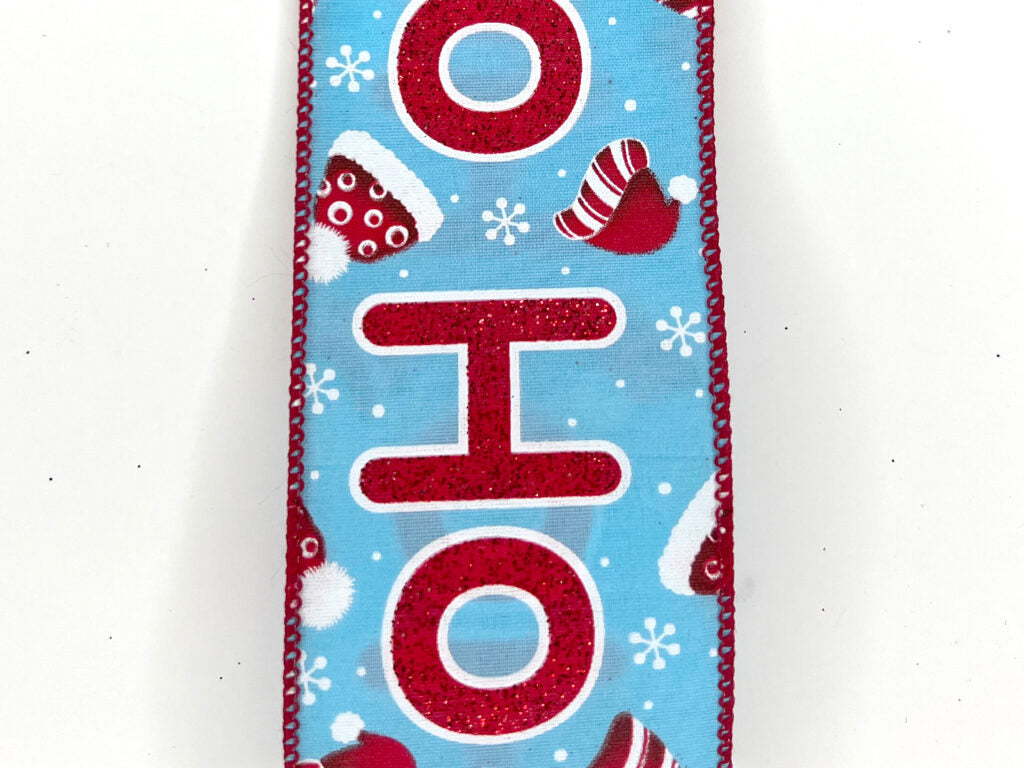 Wired Ho, Ho, Ho on Blue Background Ribbon- 2.5”x10 Yards