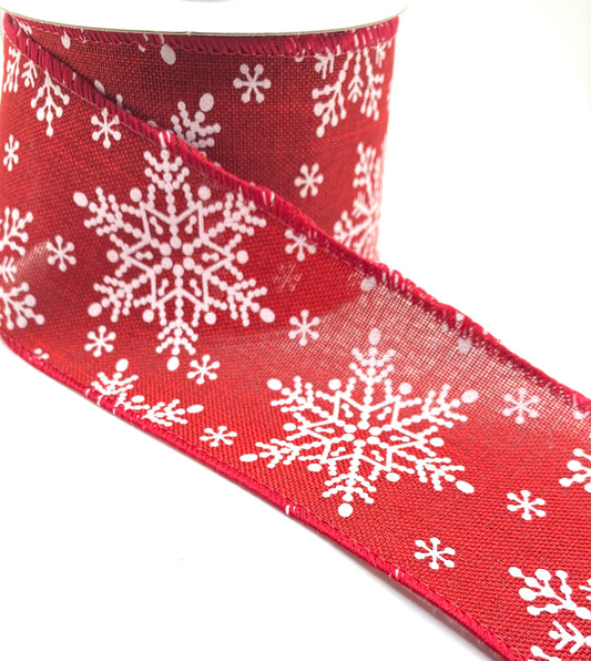 10 Yards - 2.5” Wired Red Linen White Snowflake Ribbon