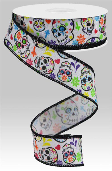 10 Yards - 1.5” Wired Multicolor Skull Ribbon