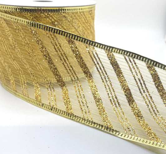 10 Yards - 2.5” Wired Gold Sheer Gold Glitter Diagonal Stripe Ribbon