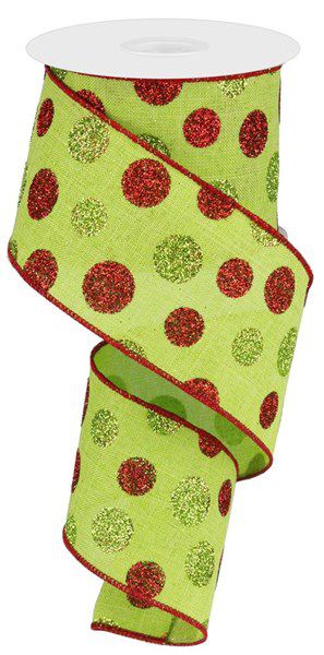 10 Yards - 2.5” Wired Red and Green Glitter Polka Dot Ribbon