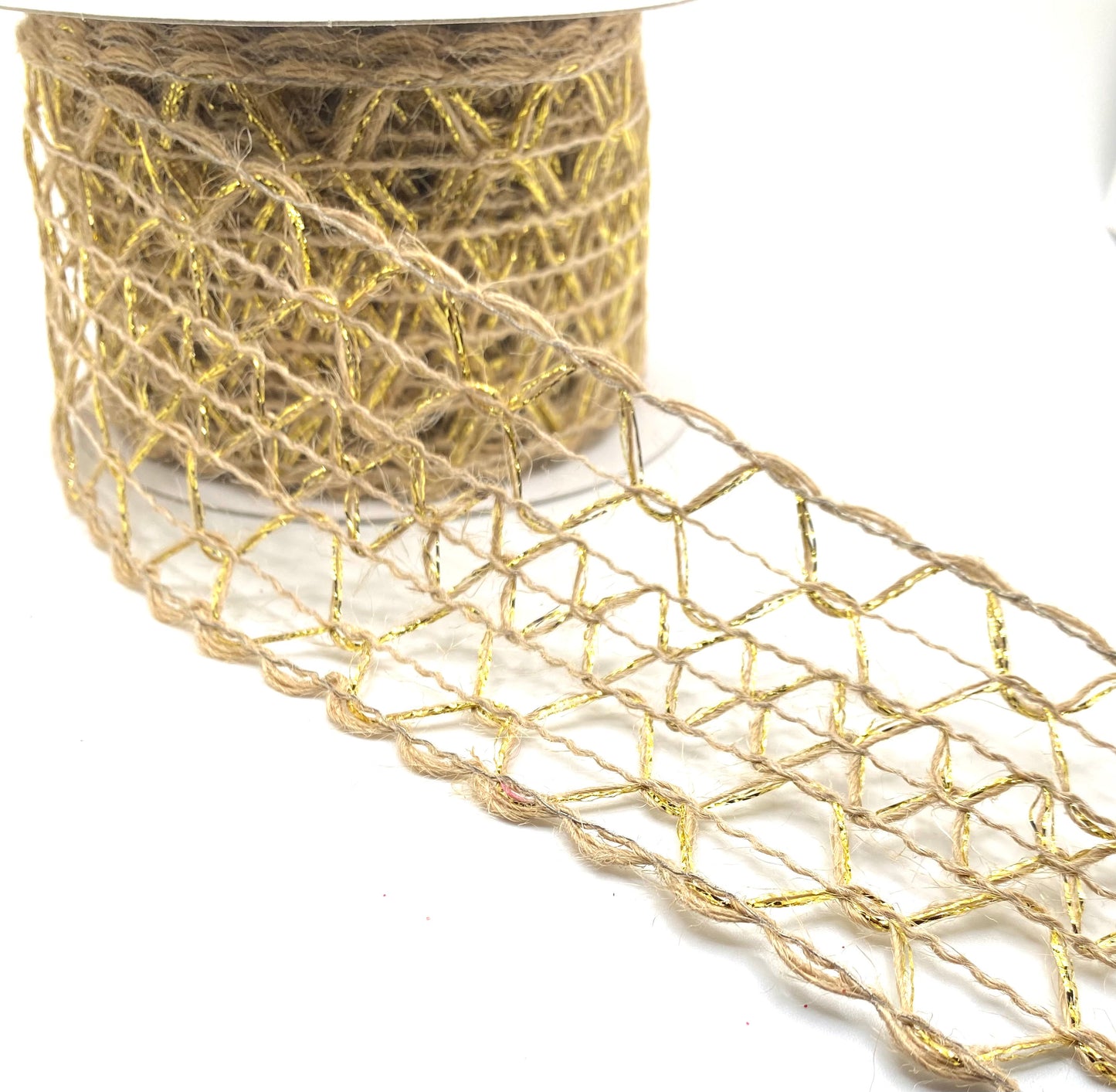 10 Yards - 2.5” Wired Natural Scallop Weave Burlap Gold Sparkle Ribbon
