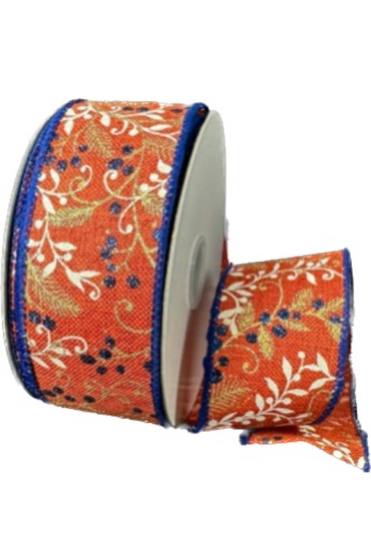 Wired Orange Leaves with Navy Blueberries on Poly Linen Ribbon- 1.5”x10 Yards