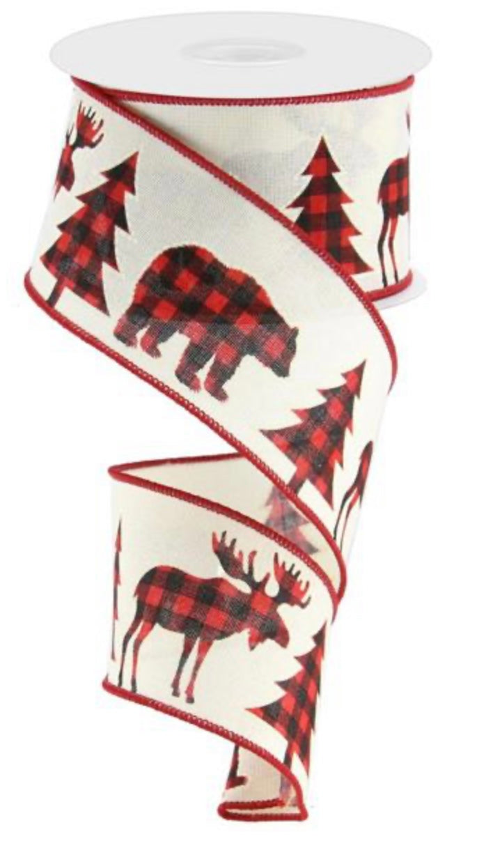 10 Yards - 2.5" Wired Red and Black Check Moose, Tree and Bear Ribbon