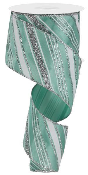 Wired Dark Mint, White, and Silver Glitter Swirl Stripe Ribbon- 2.5”x10 Yards