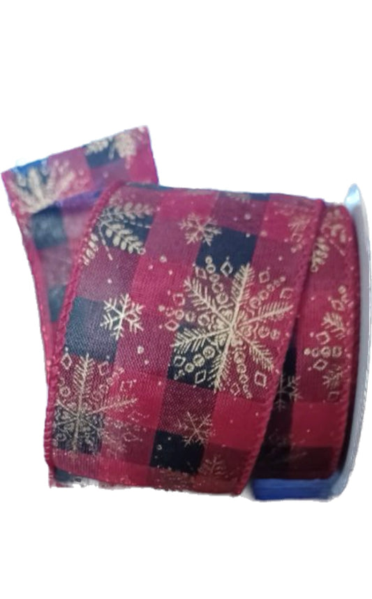 Wired Buffalo Plaid Gold Snowflake Ribbon-2.5”x10 Yards