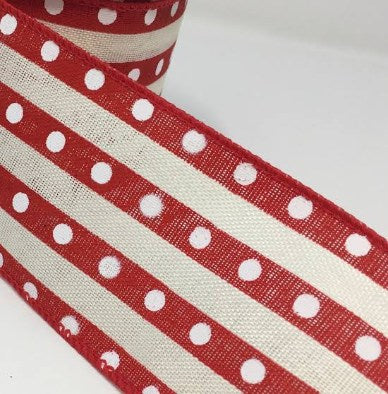 Wired Cream Ribbon with Red Dotted Stripes- 2.5”x10 Yards