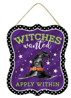 7”x6” Metal Embossed Witches Wanted Apply Within Wreath Sign