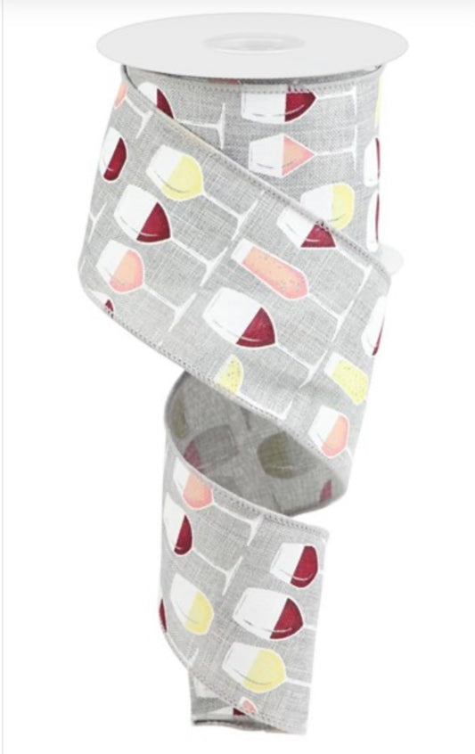 10 Yards - 2.5" Wired Gray Background Wine Ribbon