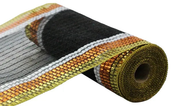 Black with Gold/White/Orange XL Wide Foil Stripe Mesh- 10.5 inch x 10 Yards