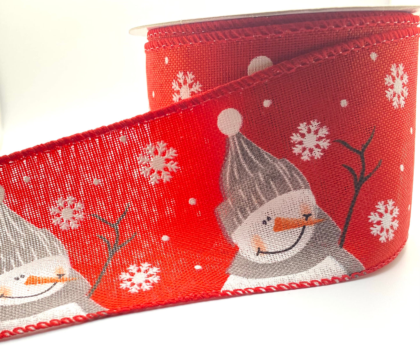 10 Yards - 2.5” Wired Red Background with White Snowman Ribbon