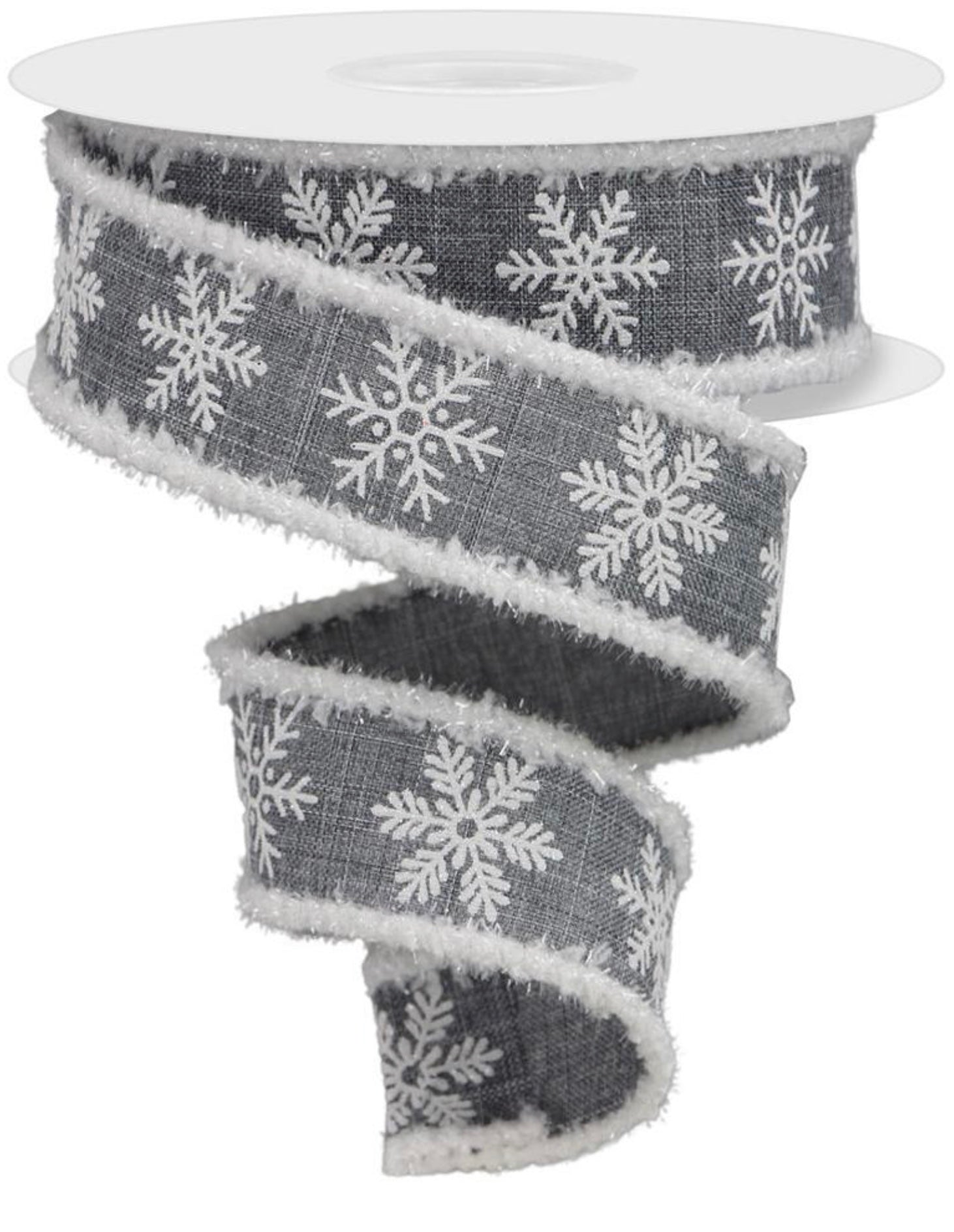 Snowflake Ribon 10 Yards - 1.5” Wired Gray and White Glitter Snowflake Ribbon with Dri ...