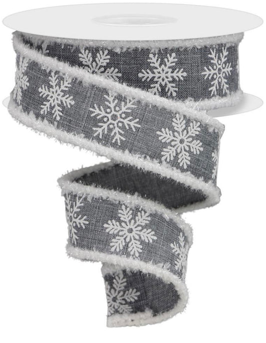 10 Yards - 1.5” Wired Gray and White Glitter Snowflake Ribbon with Drift Edge