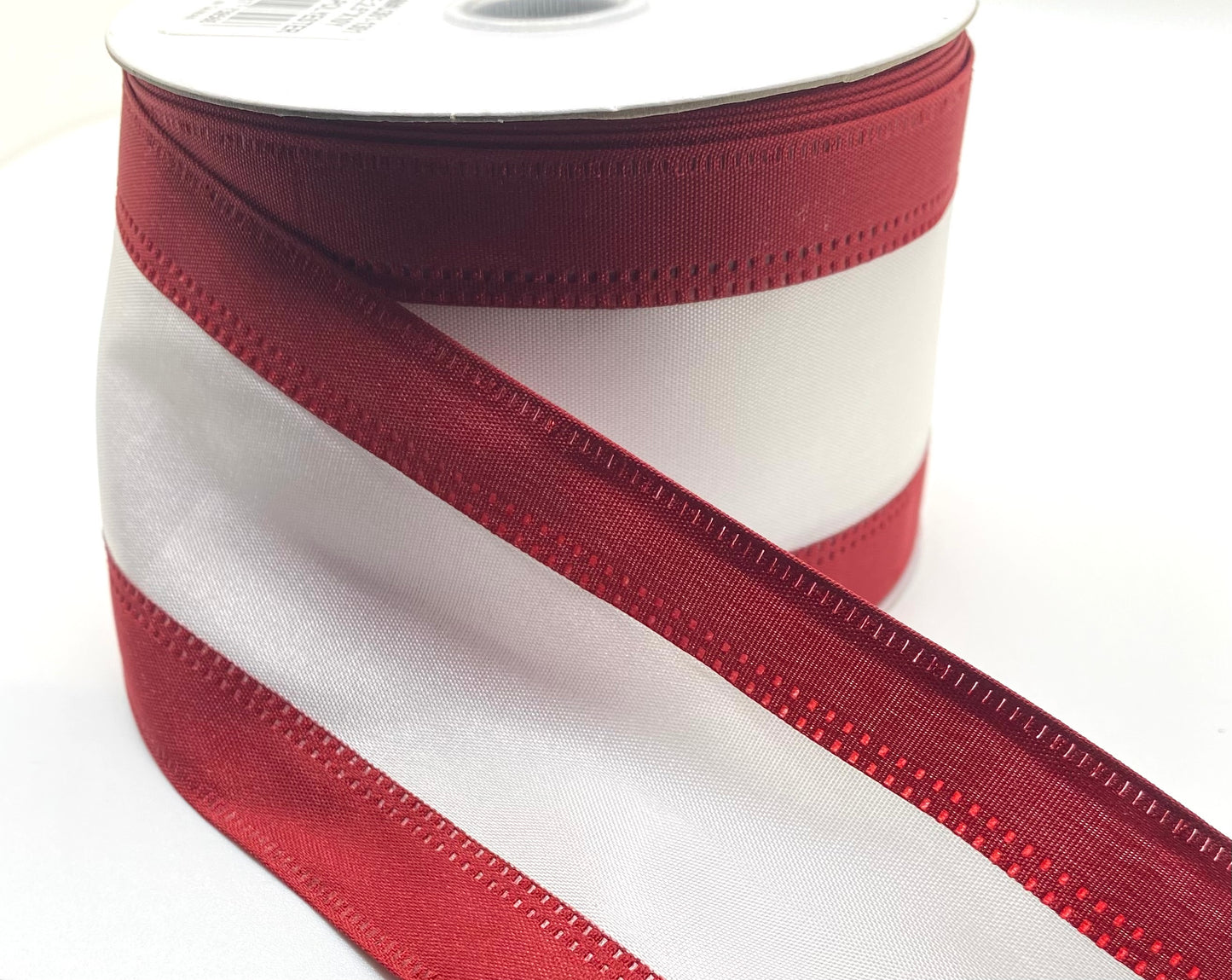 10 Yards - 2.5” Wired Crimson Red and White Stripe Satin Ribbon