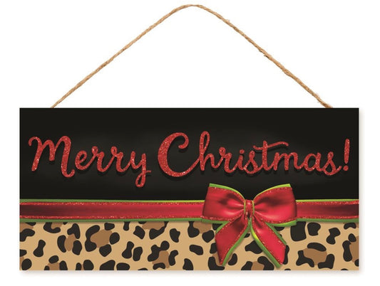 12.5”x6” Merry Christmas Cheetah Print Wreath Sign with Glitter Accent