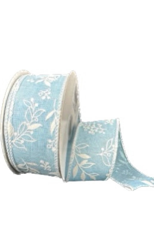 Wired Blue Linen White Foilage Ribbon-1.5”x10 Yards