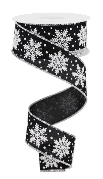 Wired Black and White Glitter Winter Snowflake Ribbon