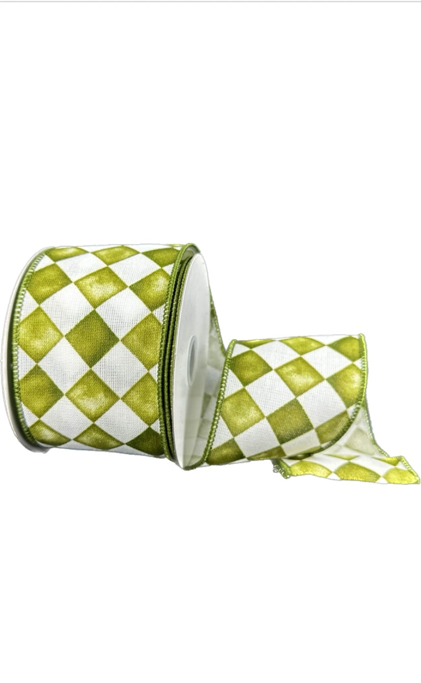Wired Canvas Moss Green Tipsy Watercolor Check Ribbon- 2.5”x 10 Yards