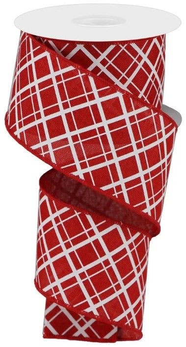 10 Yards - 2.5" Wired Red and White Cross Plaid Ribbon - Valentines Ribbon - Patriotic Ribbon