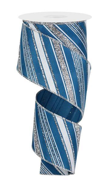 Wired Teal, White, and Silver Glitter Diagonal Stripe Ribbon- 2.5”x10 Yards