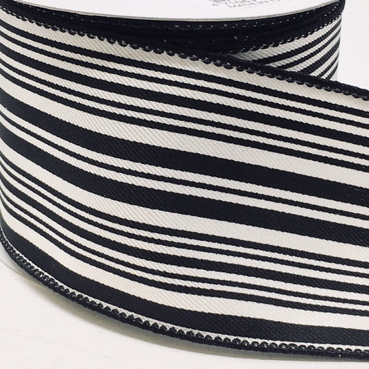 10 Yards - 2.5” Wired Black and Cream Stripe Ribbon