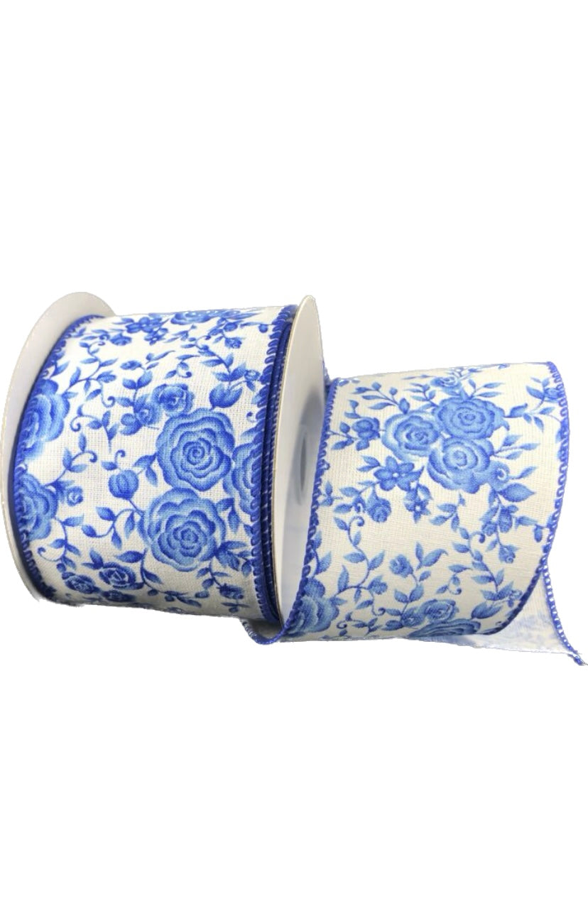 10 Yards - 2.5" Wired Blue Rose Floral Ribbon