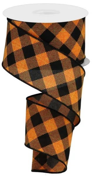 Wired Black and Orange Diamond Check Ribbon - Halloween Ribbon - Harley Davidson Inspired Ribbon-2.5”x10 Yards