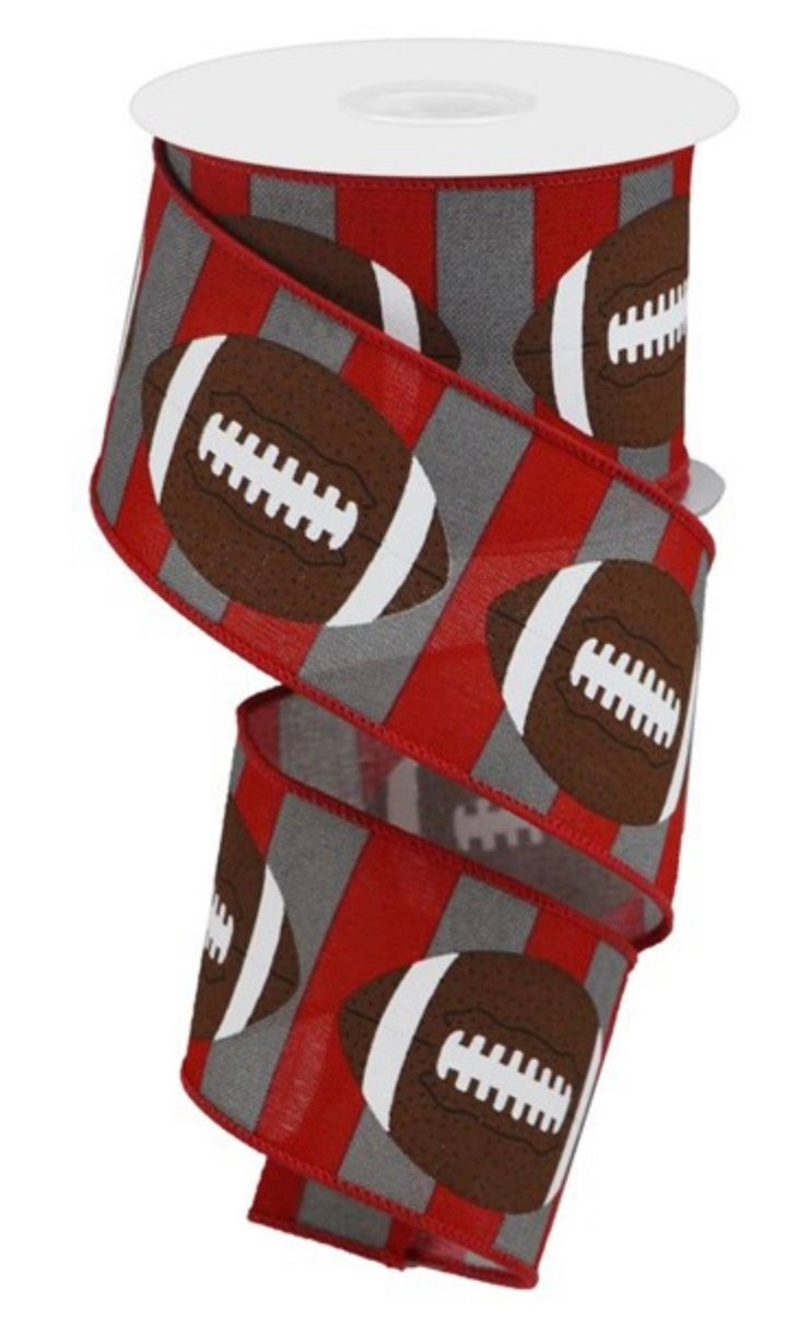10 Yards - 2.5” Wired Red with Gray Stripes Football Ribbon