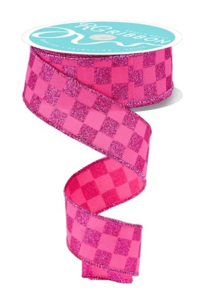 Wired Pink and Hot Pink Print Glitter Check Ribbon- 1.5”x10 Yards