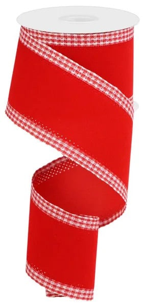 Wired Red Velvet with Red and White Check Edge - Christmas Ribbon- 2.5”x 10 Yards