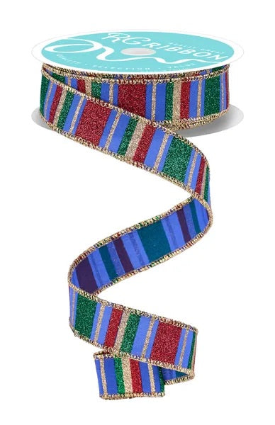 Wired Red, Green, and White Horizontal Stripe Glitter Accent Ribbon- 1.5”x10 Yards