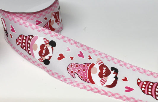 10 Yards - 2.5" Wired Pink Edge Valentines Day Gnome Ribbon