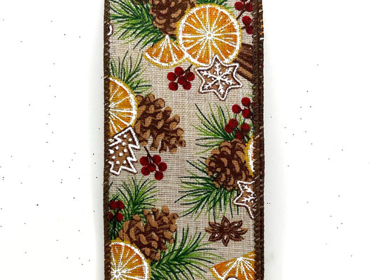 Wired Pine Cones, Oranges and Cinnamon Ribbon- 2.5”x10 Yards