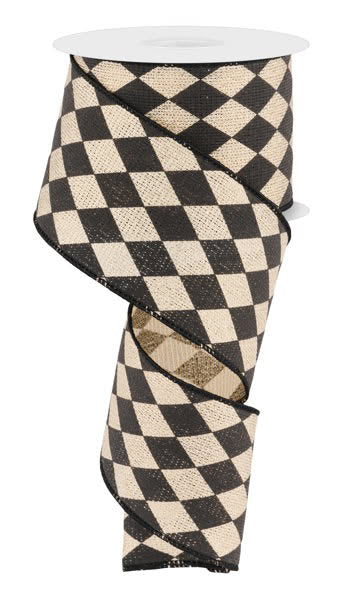 10 Yards - 2.5” Black and Gold Metallic Harlequin Ribbon