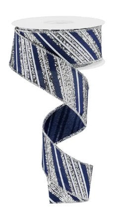 Wired Navy Blue, White, and Silver Glitter Swirl Stripe Ribbon- 1.5”x10 Yards