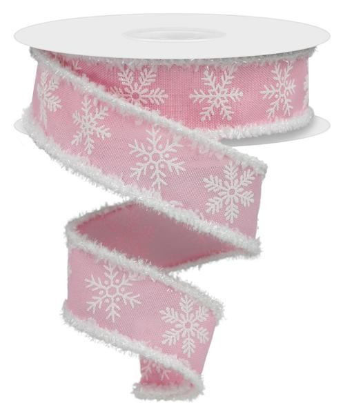 Wired Pink and White Winter Snowflake Ribbon with Snowdrift Edge- 1.5”x10 Yards