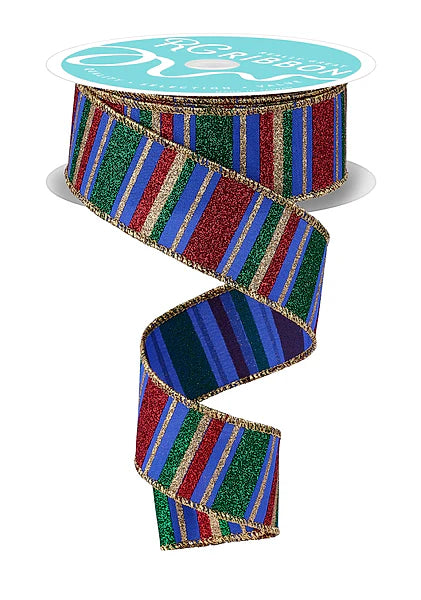 Wired Blue, Red, Green and Gold Horizontal Stripe Glitter Accent Ribbon- 1.5”x10 Yards