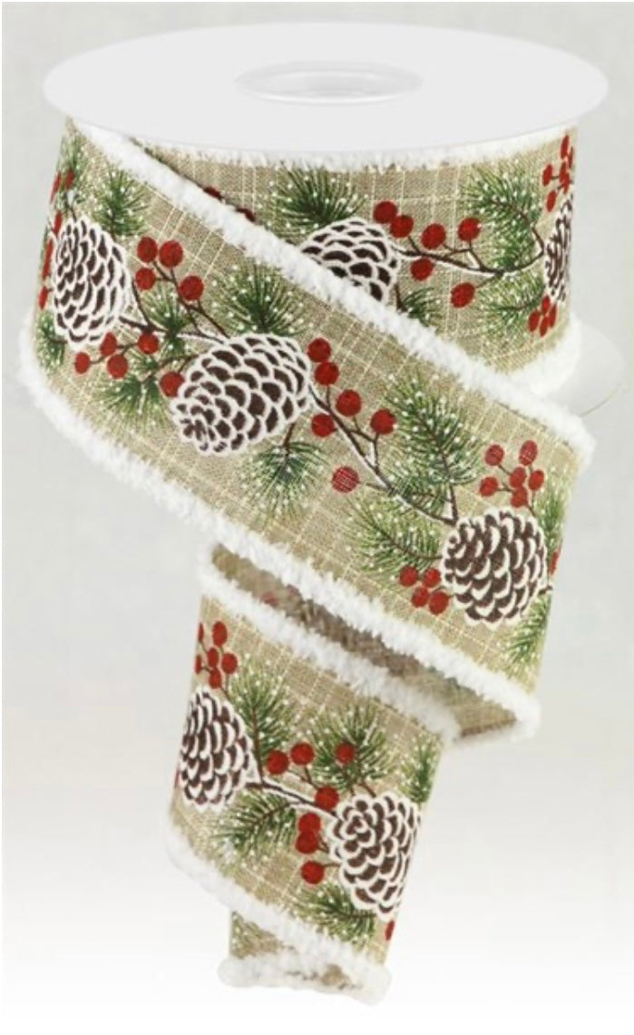 10 Yards - 2.5” Wired Pine Cones and Needles with Snowdrift Edge Ribbon