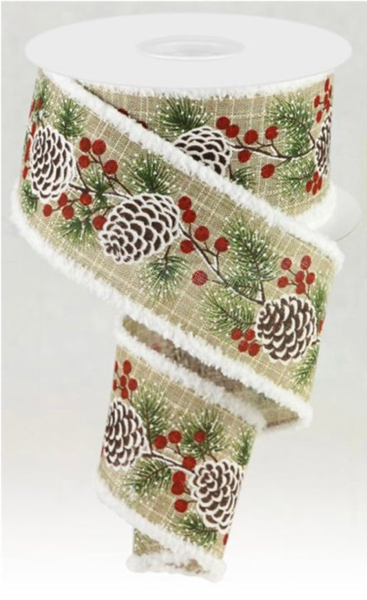 10 Yards - 2.5” Wired Pine Cones and Needles with Snowdrift Edge Ribbon